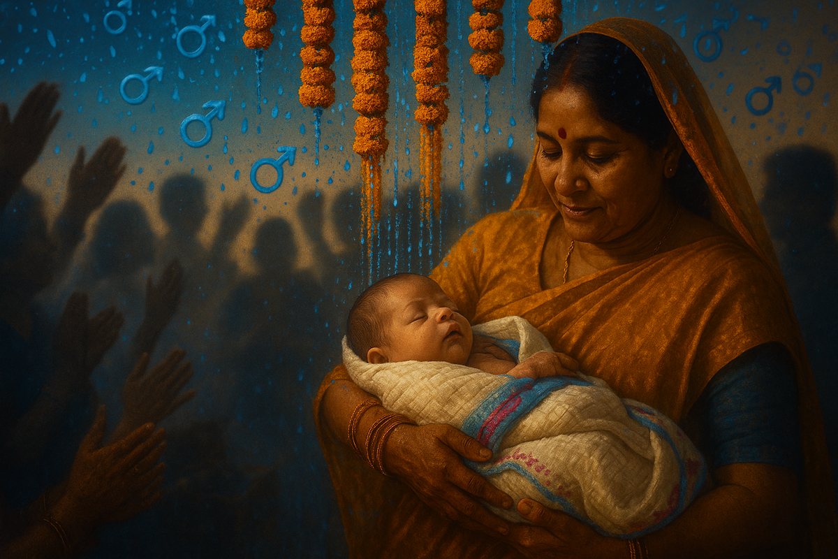 Painting of a mother in an orange sari cradling a newborn, surrounded by shadowy male-symbol motifs