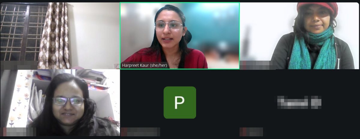 A Zoom grid of listening circle participants smiling, with heart reactions floating across the screen