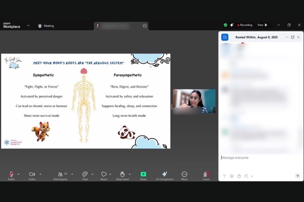 A shared slide comparing the sympathetic and parasympathetic nervous systems, with the session chat panel open alongside it