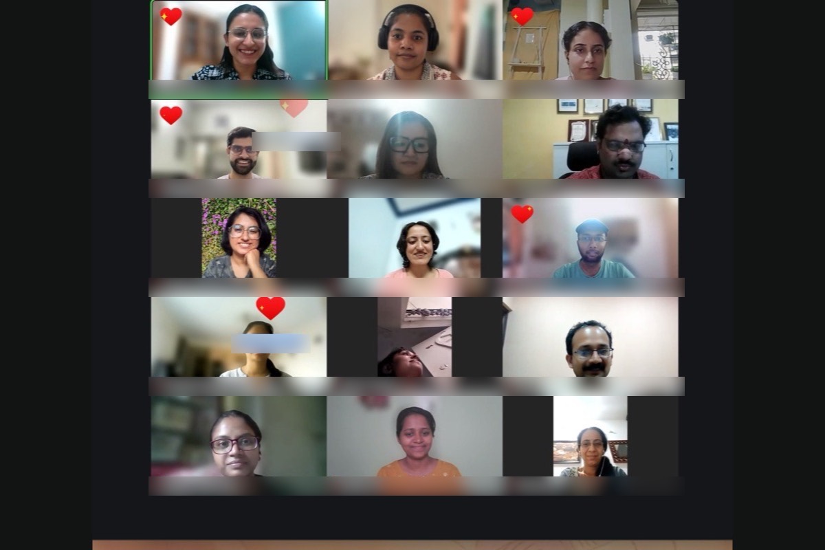 A full grid of participants in an online circle, several with heart reactions beside their names