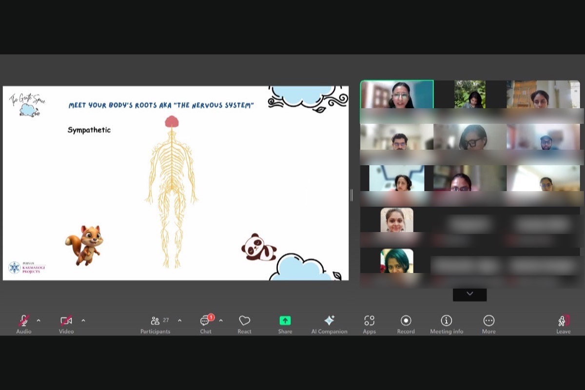 An online session in progress, a slide reading Meet your body’s roots aka the nervous system shared on screen beside a grid of participants