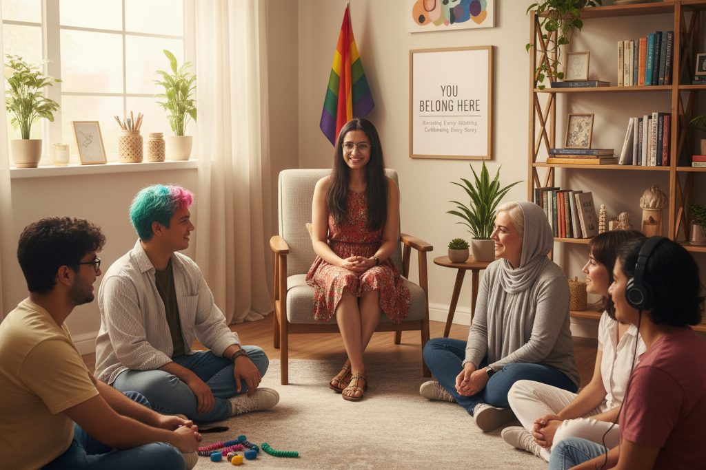 A diverse group seated in a welcoming circle