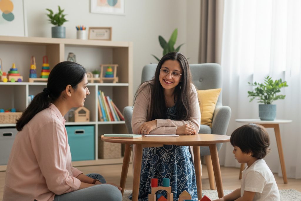 A parent and therapist seated together while a child plays with blocks nearby