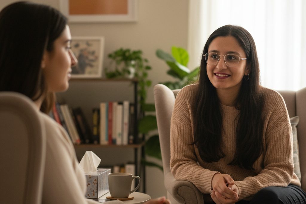 Two people in conversation during a one-to-one therapy session