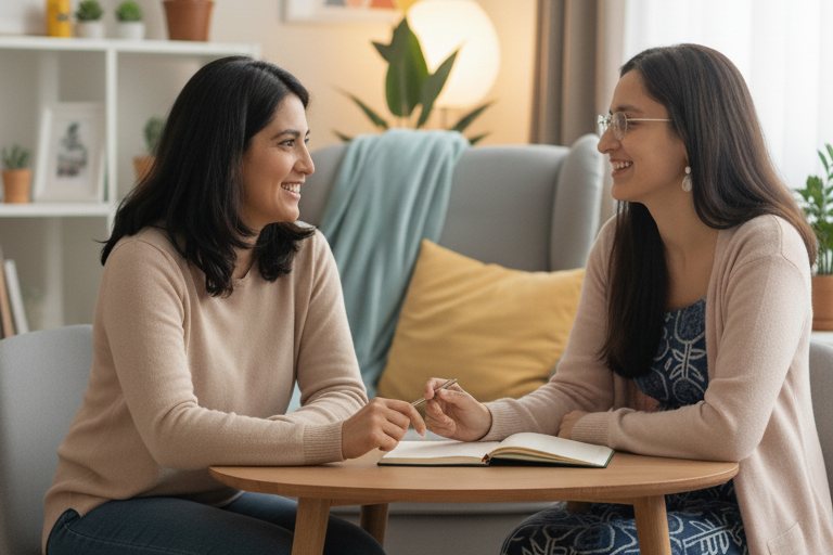 Client and therapist talking as equals across a table