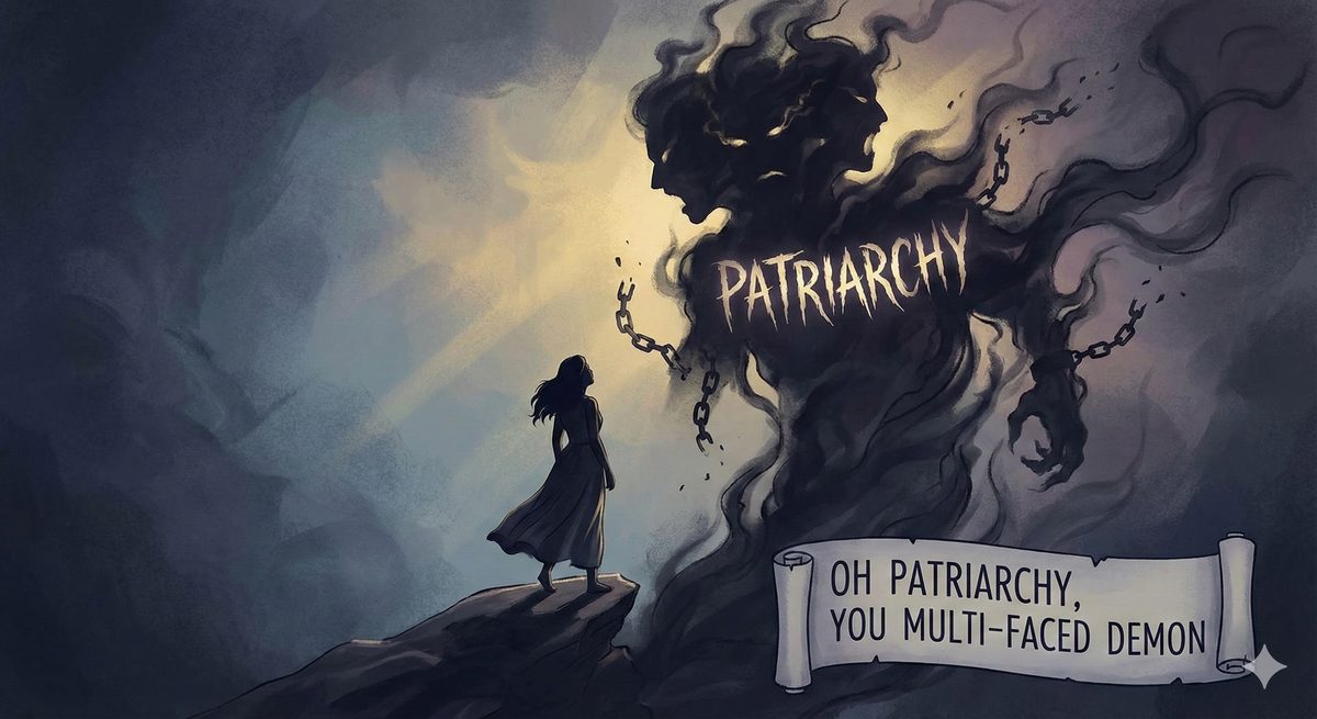 Illustration of a figure facing a large shadowy many-faced form, captioned Oh Patriarchy, you multi-faced demon